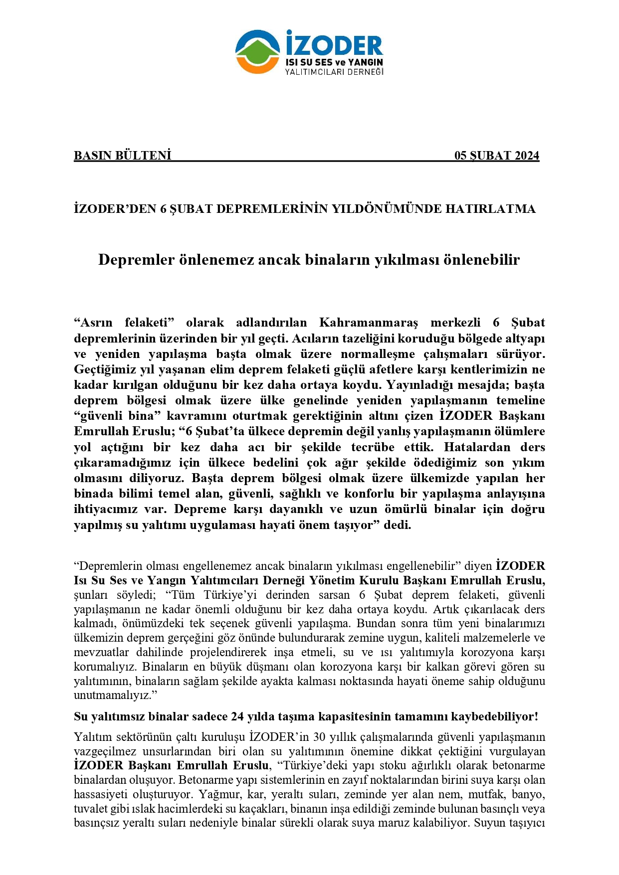 İzoder'den 6 Şubat Depremlerinin Yıldönümünde Hatırlatma